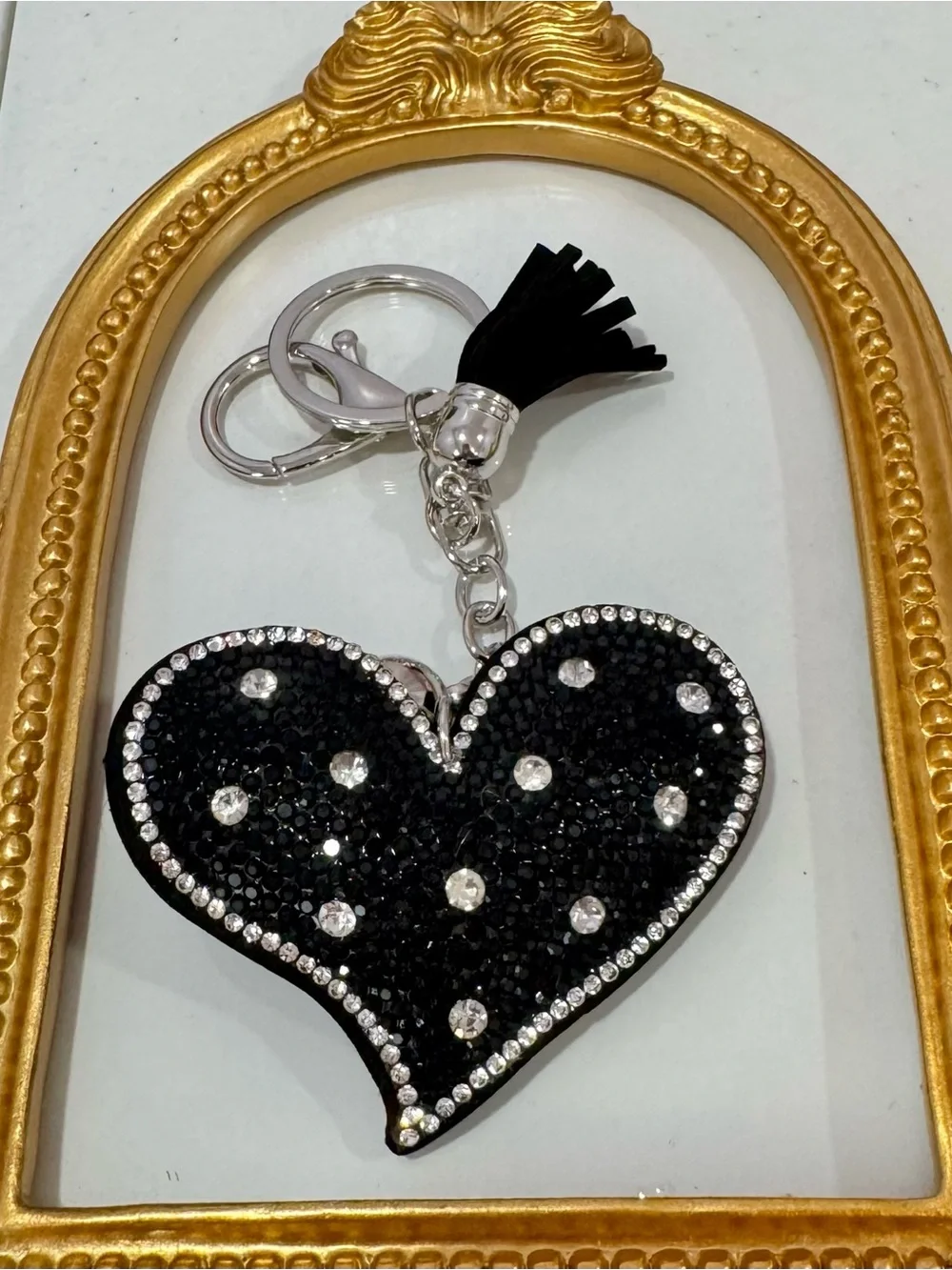 New Black Crystal Heart Keychain with Tassel